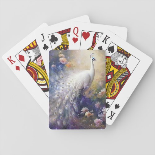 Elegant White Peacock and Flowers Playing Cards