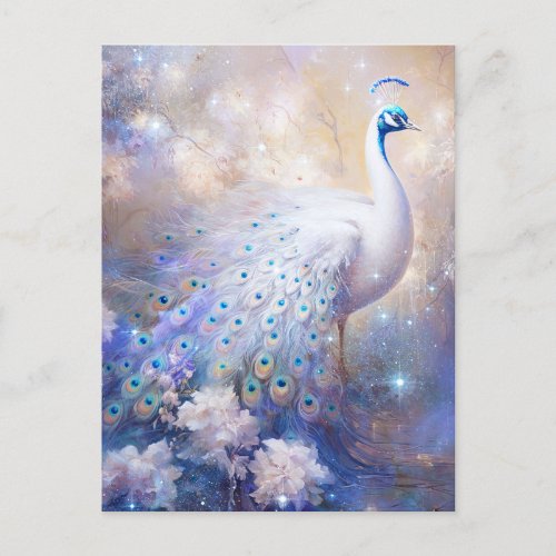 Elegant White Peacock and Flowers Postcard