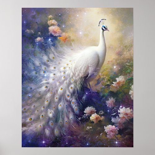 Elegant White Peacock and Flowers Poster