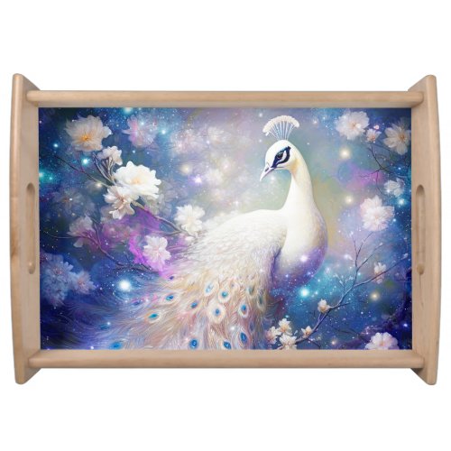 Elegant White Peacock and Flowers Serving Tray