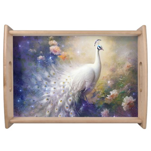 Elegant White Peacock and Flowers Serving Tray