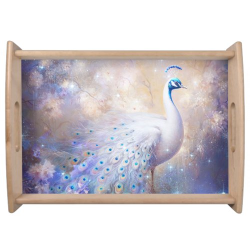 Elegant White Peacock and Flowers Serving Tray