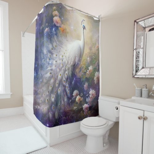 Elegant White Peacock and Flowers Shower Curtain