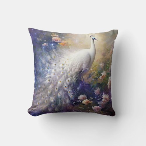 Elegant White Peacock and Flowers Throw Pillow