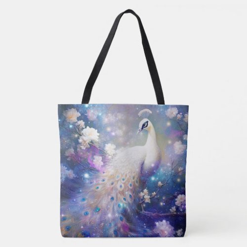 Elegant White Peacock and Flowers Tote Bag