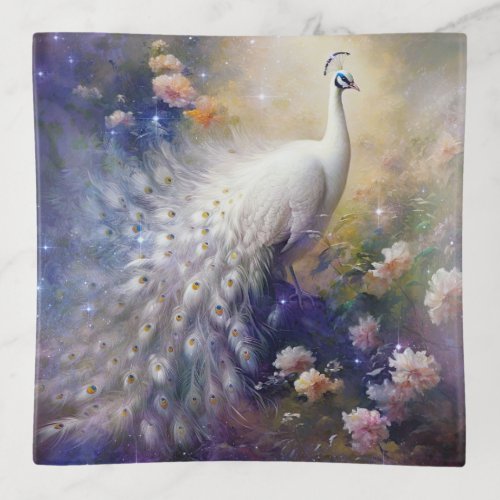 Elegant White Peacock and Flowers Trinket Tray