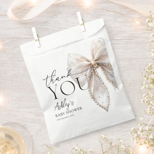 Elegant White Pearl Bow Baby Shower Thank You Favor Bag (Clipped)