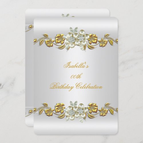 Elegant White Pearl Gold Floral Birthday Party Invitation