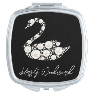 Elegant White Pearl Swan on Black Background Compact Mirror