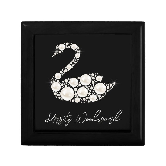 Elegant White Pearl Swan on Black Background Gift Box (Front)