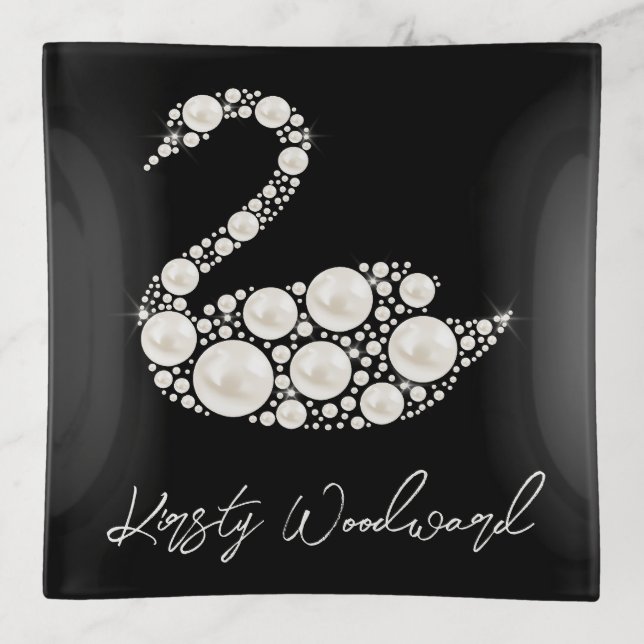Elegant White Pearl Swan on Black Background Trinket Tray (Front)