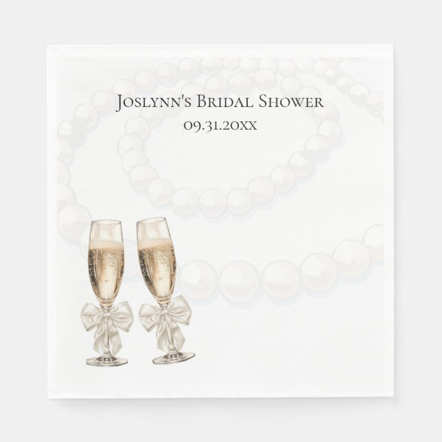 Elegant White Pearls & Prosecco Bridal Shower Napkins (Front)