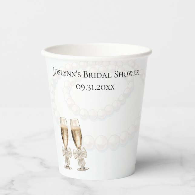 Elegant White Pearls & Prosecco Bridal Shower  Paper Cups (Front)