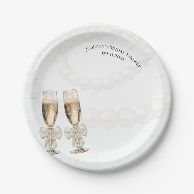 Elegant White Pearls & Prosecco Bridal Shower  Paper Plates (Front)