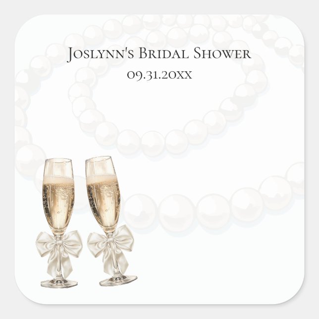 Elegant White Pearls & Prosecco Bridal Shower Square Sticker (Front)