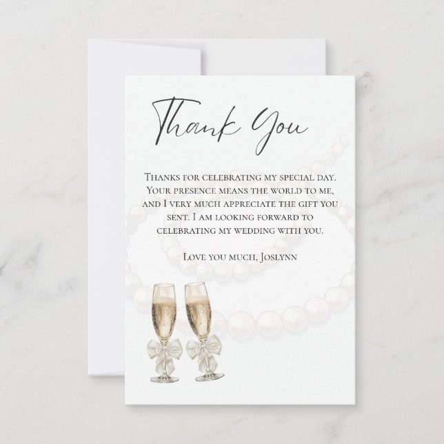 Elegant White Pearls & Prosecco Bridal Shower  Thank You Card (Front)