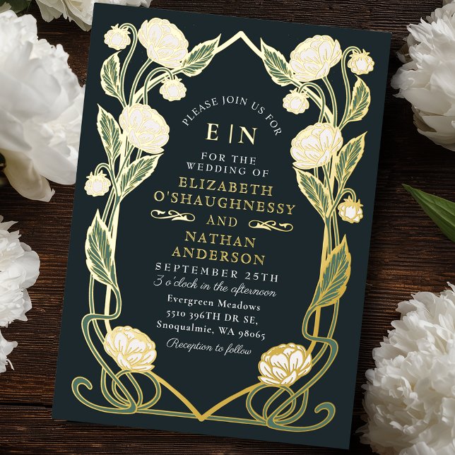 Elegant White Peony Art Nouveau Floral Wedding Foil Invitation (Creator Uploaded)