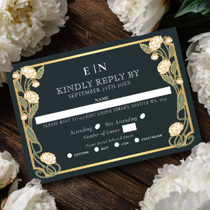 Elegant White Peony Art Nouveau Floral Wedding RSVP Card