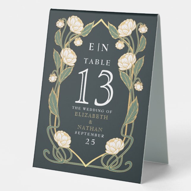 Elegant White Peony Art Nouveau Floral Wedding Table Tent (Front)