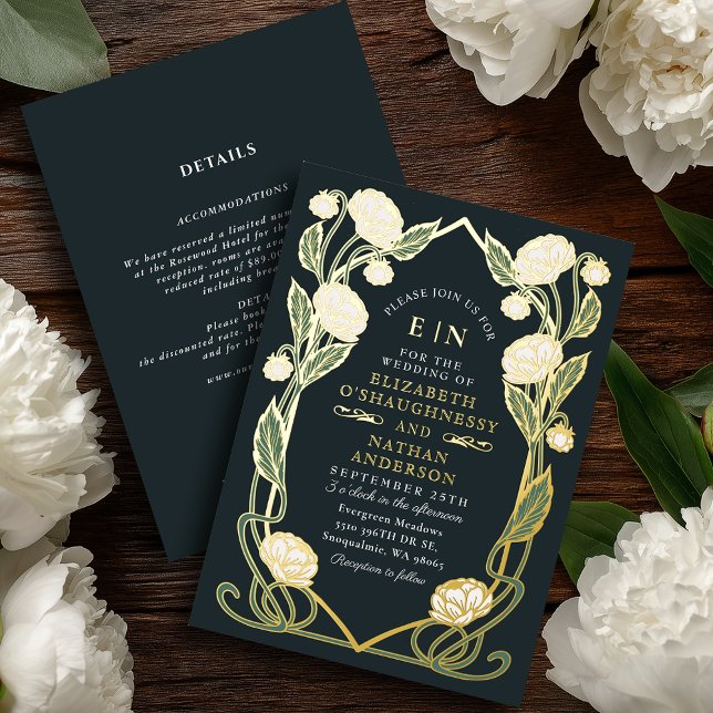 Elegant White Peony Art Nouveau Wedding All in One Foil Invitation (Creator Uploaded)