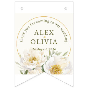 Elegant White Peony Floral Wedding Bunting Flags