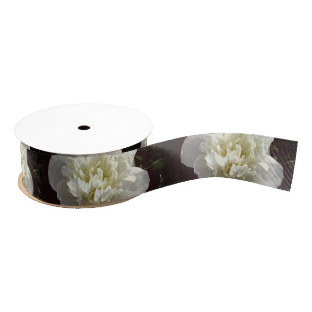 Elegant white peony floral white flower photo grosgrain ribbon (Spool)