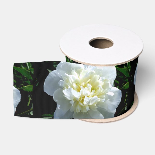 Elegant white peony floral white flower photo grosgrain ribbon (Spool)