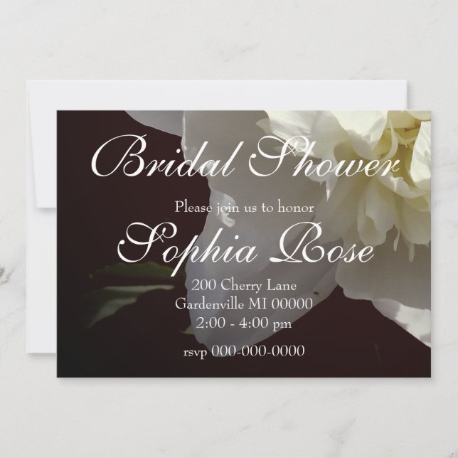 Elegant white peony floral white flower photo invitation (Front)