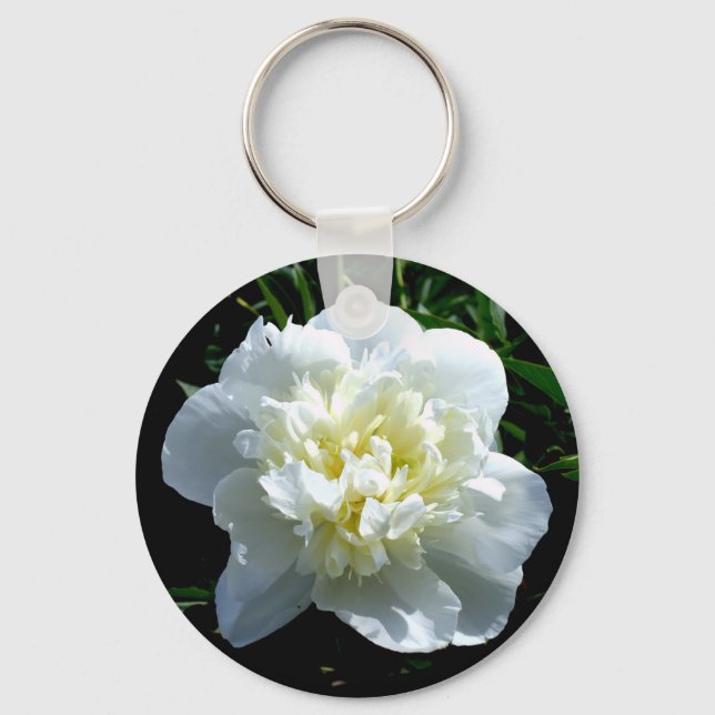 Elegant white peony floral white flower photo keychain (Front)