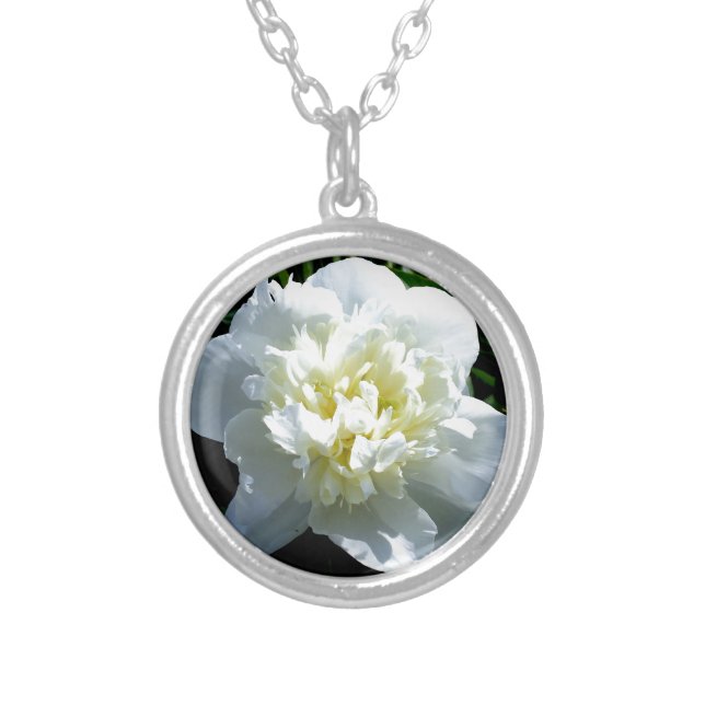 Elegant white peony floral white flower photo silver plated necklace (Front)