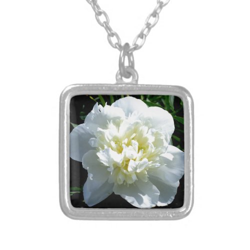 Elegant white peony floral white flower photo silver plated necklace