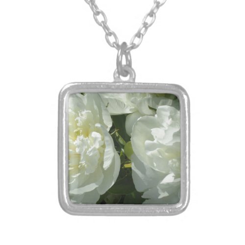 Elegant white peony floral white flower photo silver plated necklace