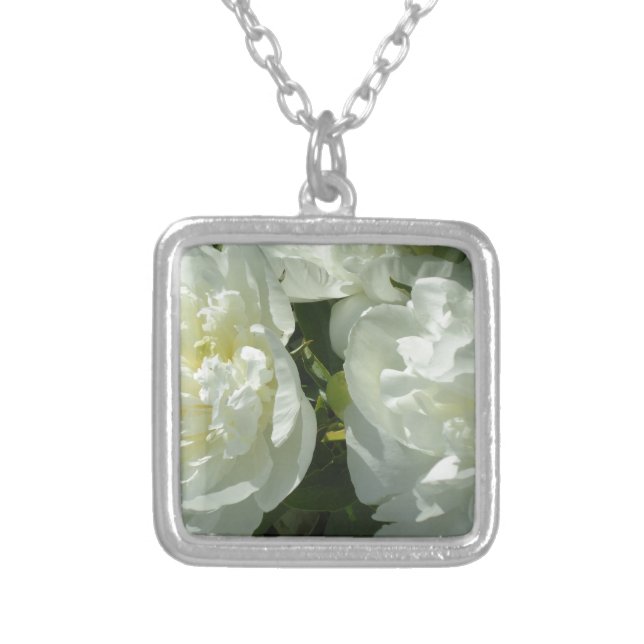 Elegant white peony floral white flower photo silver plated necklace (Front)