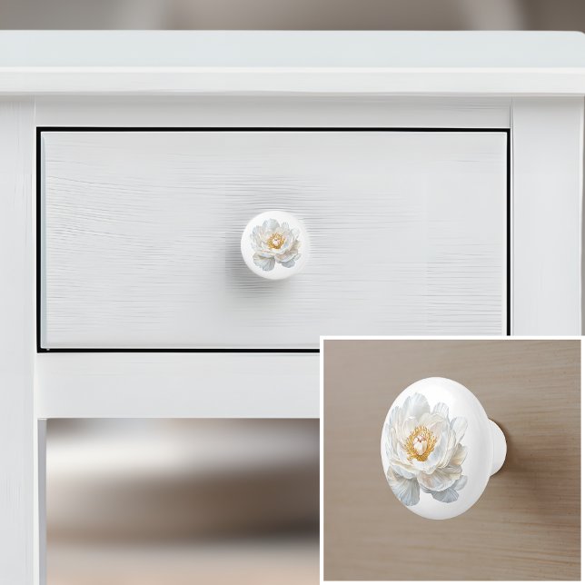 Elegant white peony flower french farmhouse ceramic knob (Creator Uploaded)