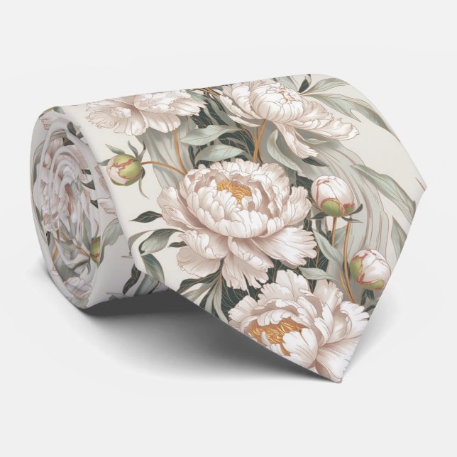 Elegant White Peony Neck Tie (Rolled)