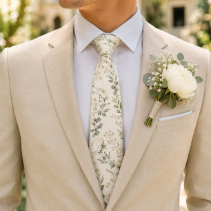 Elegant White Peony & Ranunculus Botanical Neck Tie