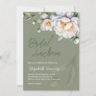 Elegant White Peony Sage Green Bridal Luncheon Invitation
