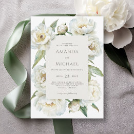 Elegant White Peony & Sage Green Floral Wedding Invitation