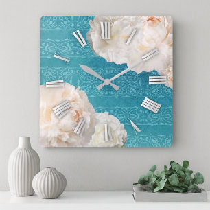 Elegant White Peony Turquoise Damask Floral Square Wall Clock