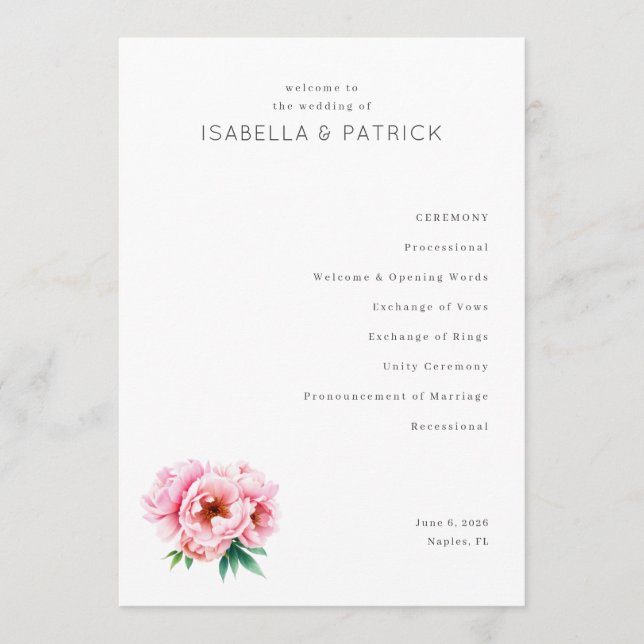 Elegant White Peony Wedding Ceremony Program (Front)