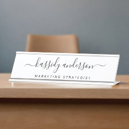 Elegant White Personalized Name Script Calligraphy Desk Name Plate