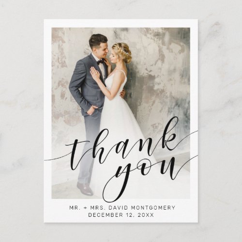 Elegant White Photo Black Script Wedding Thank You Postcard