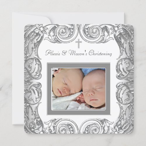 Elegant White Twins Photo Christening Invitations