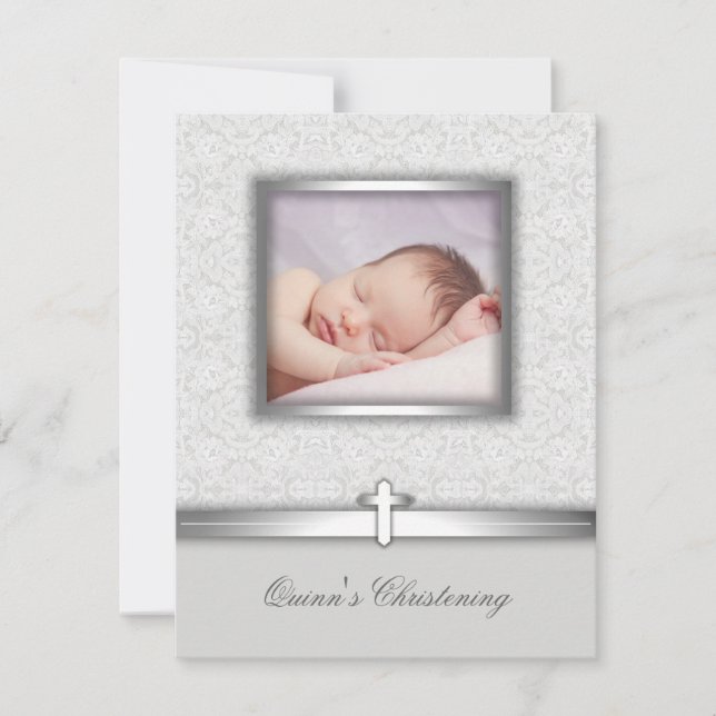 Elegant White Photo Christening Invitations (Front)
