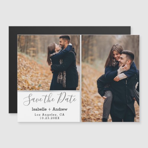 Elegant White Photo Collage Silver Save the Date Magnetic Invitation