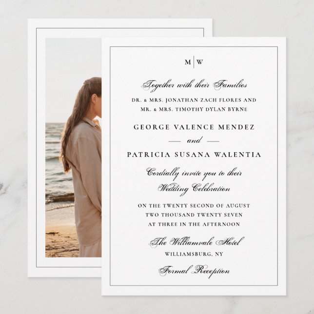 Elegant White Photo Monogram Wedding Invitation (Front/Back)