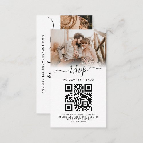 Elegant White Photo Monogram Wedding QR Code RSVP Business Card