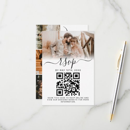 Elegant White Photo Monogram Wedding QR Code RSVP Card