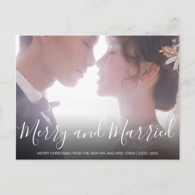 Elegant White Photo Newlywed Christmas Holiday Postcard (Front)