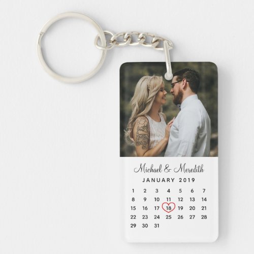 Elegant White Photo Wedding Anniversary Calendar Keychain